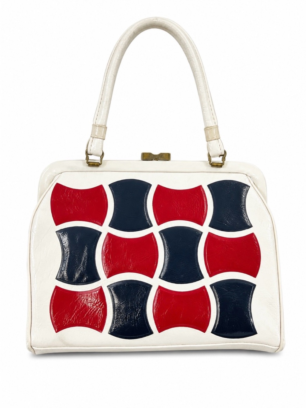 Vintage red, white, and blue geometric vinyl patchwork Handbag